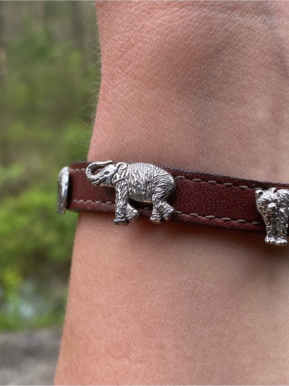 Brown Leather Belt Buckle Bracelet with Silver Animal Charms Rhino Zebra Bear - Picture 6 of 13